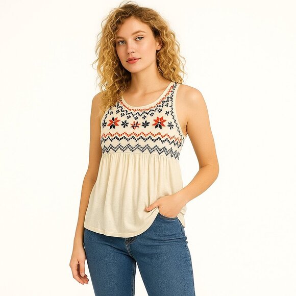 Free People Embroidered Cream Red Sleeveless Top Size M Boho Artisan Light Fit - Picture 1 of 16